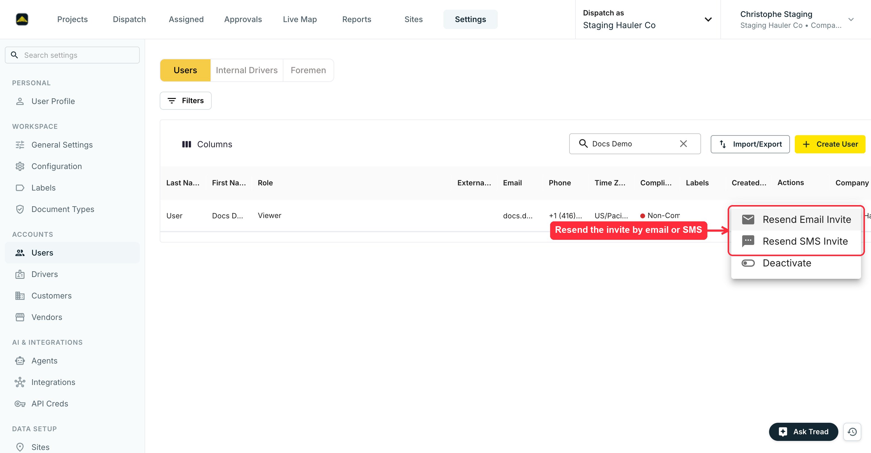 Actions menu on a user row with Resend Email Invite and Resend SMS Invite options