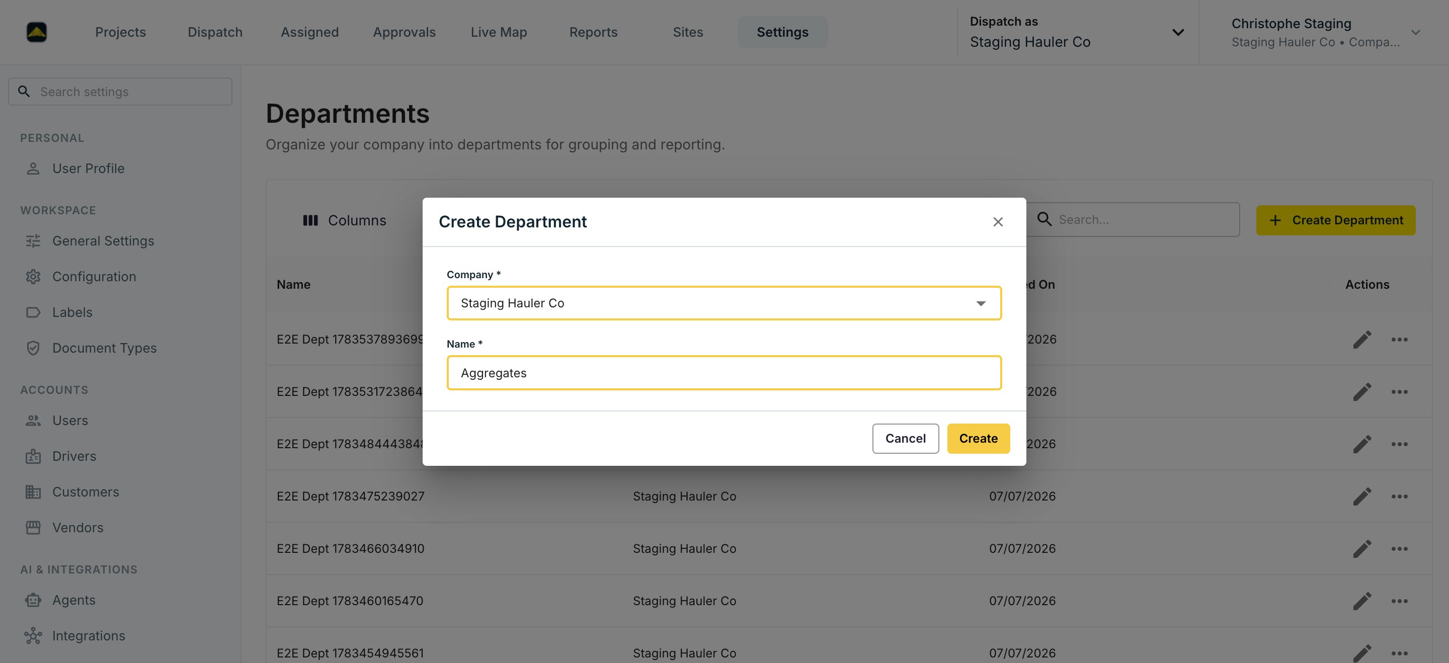 The Create Department dialog with a department name filled in