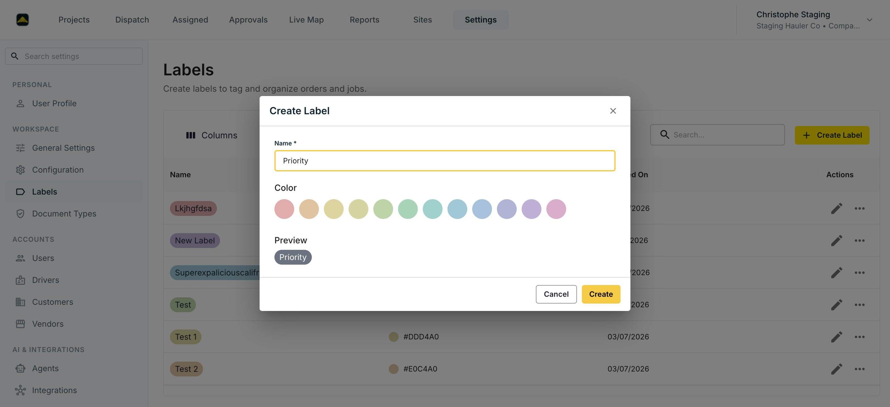 The Create Label dialog with a name, color choices, and a live preview chip