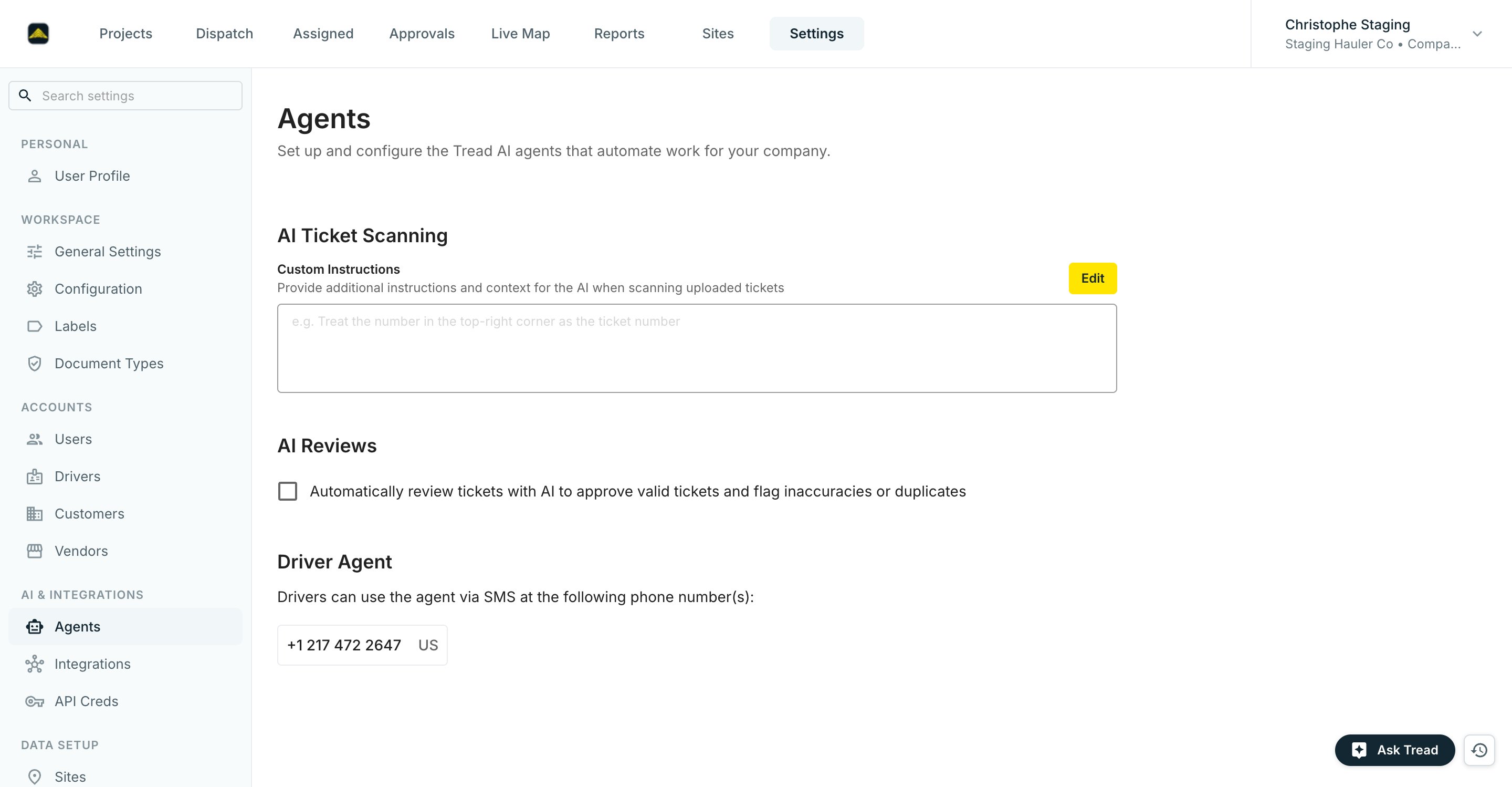 Settings → Agents with the AI Ticket Scanning, AI Reviews, and Driver Agent sections