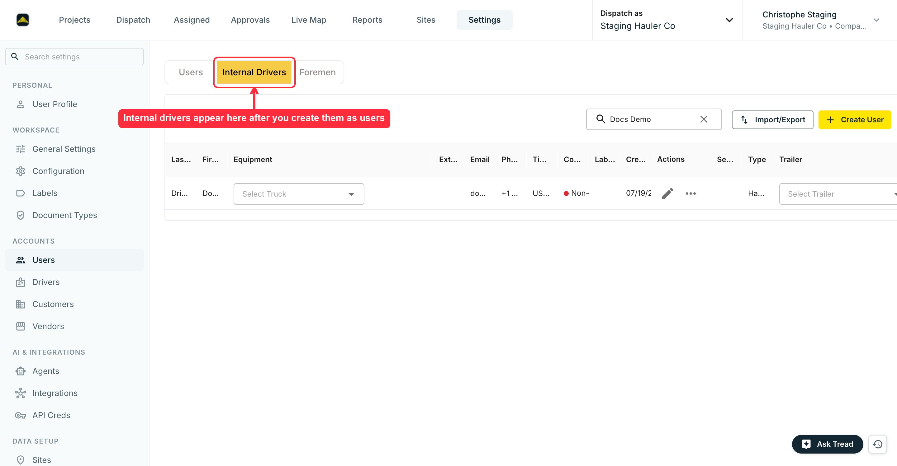 Settings → Users with the Internal Drivers tab highlighted and one internal driver row