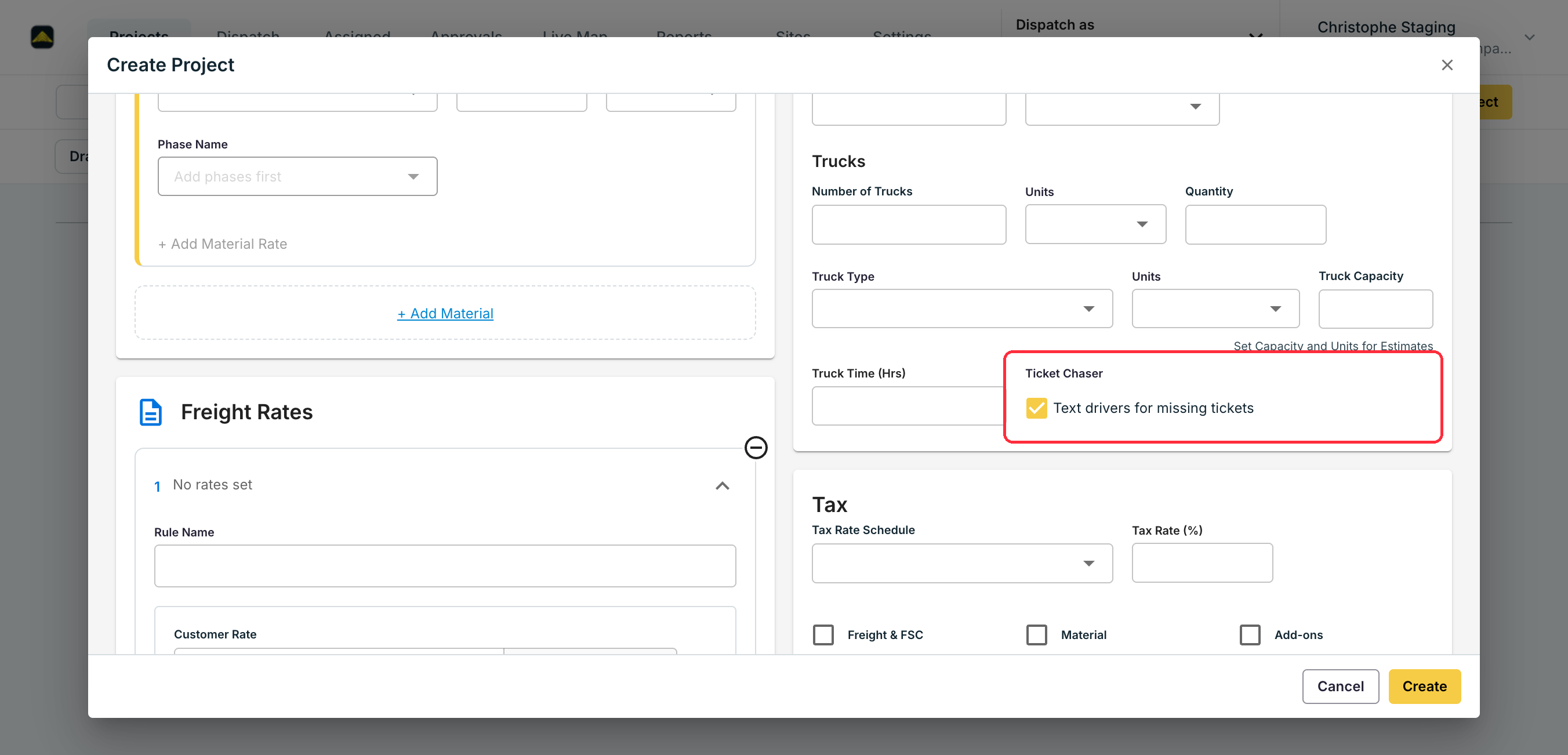 Ticket Chaser checkbox in the Order Defaults section of the Project form
