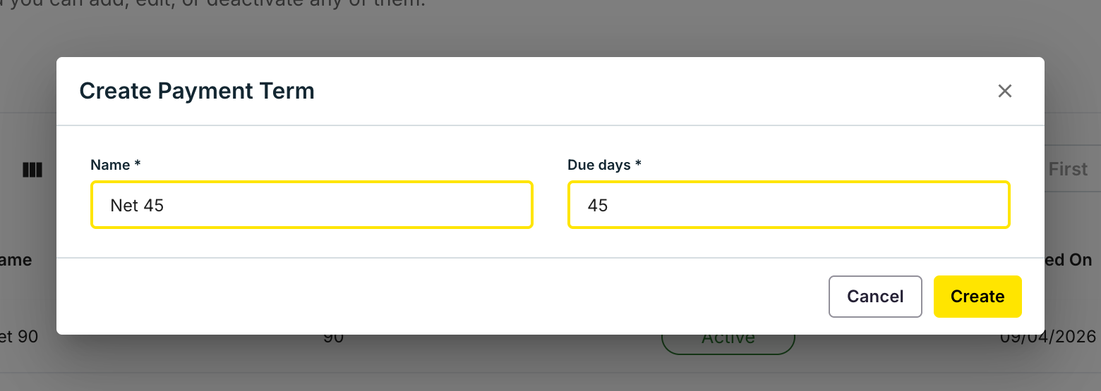 El diálogo Create Payment Term con Name en Net 45 y Due days en 45