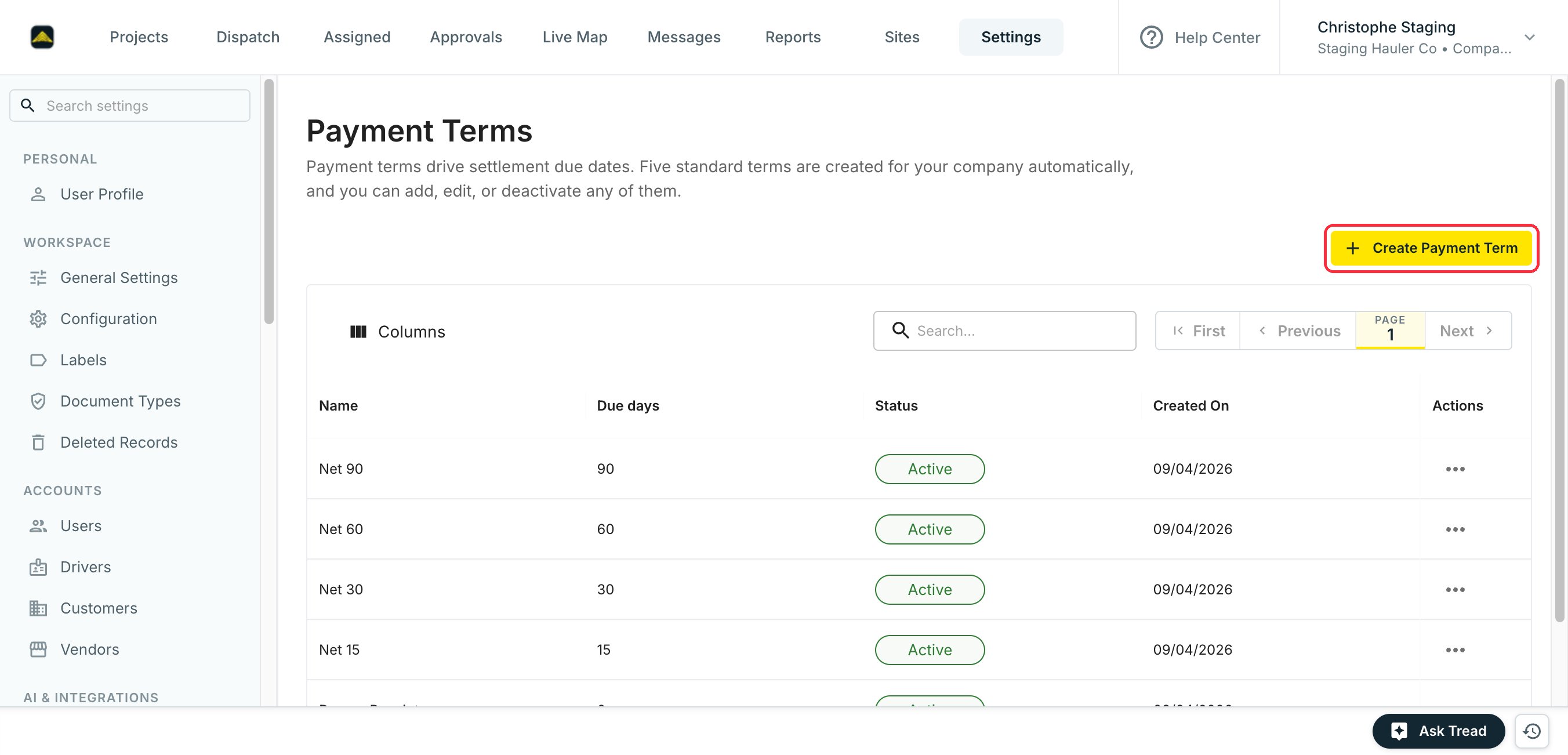 The Payment Terms settings page listing the five standard terms, with the Create Payment Term button highlighted
