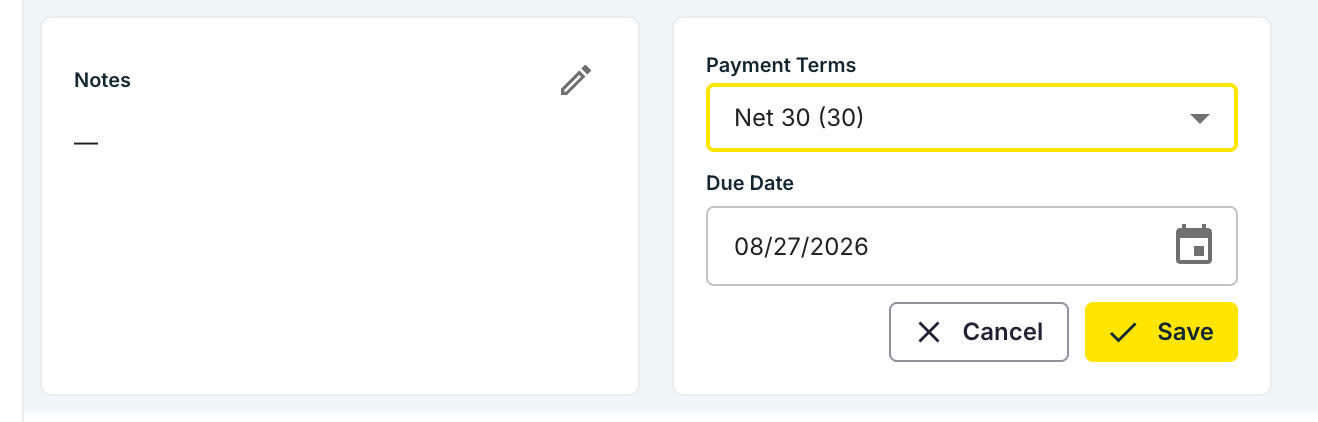 La tarjeta Payment Terms con Net 30 seleccionado y Due Date completada automáticamente