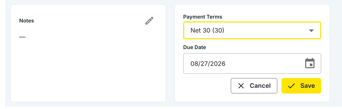 The Payment Terms card with Net 30 selected and the Due Date filled in automatically