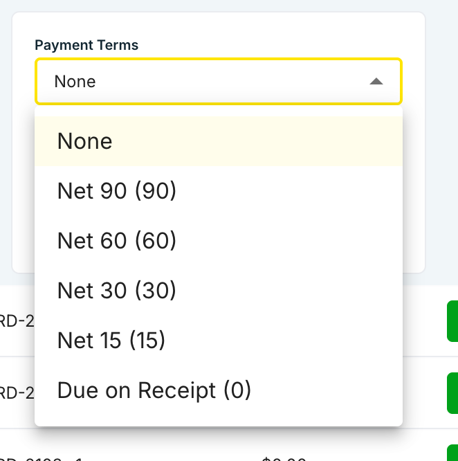 La tarjeta Payment Terms en una liquidación expandida, con la lista de términos abierta