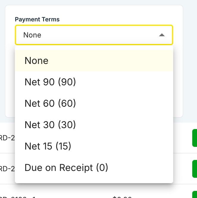 The Payment Terms card on an expanded settlement, with the term list open
