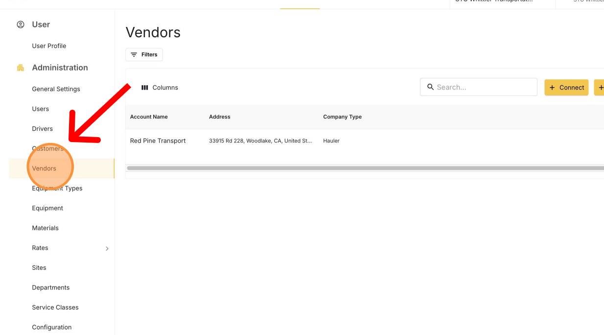 The Vendors page under Settings