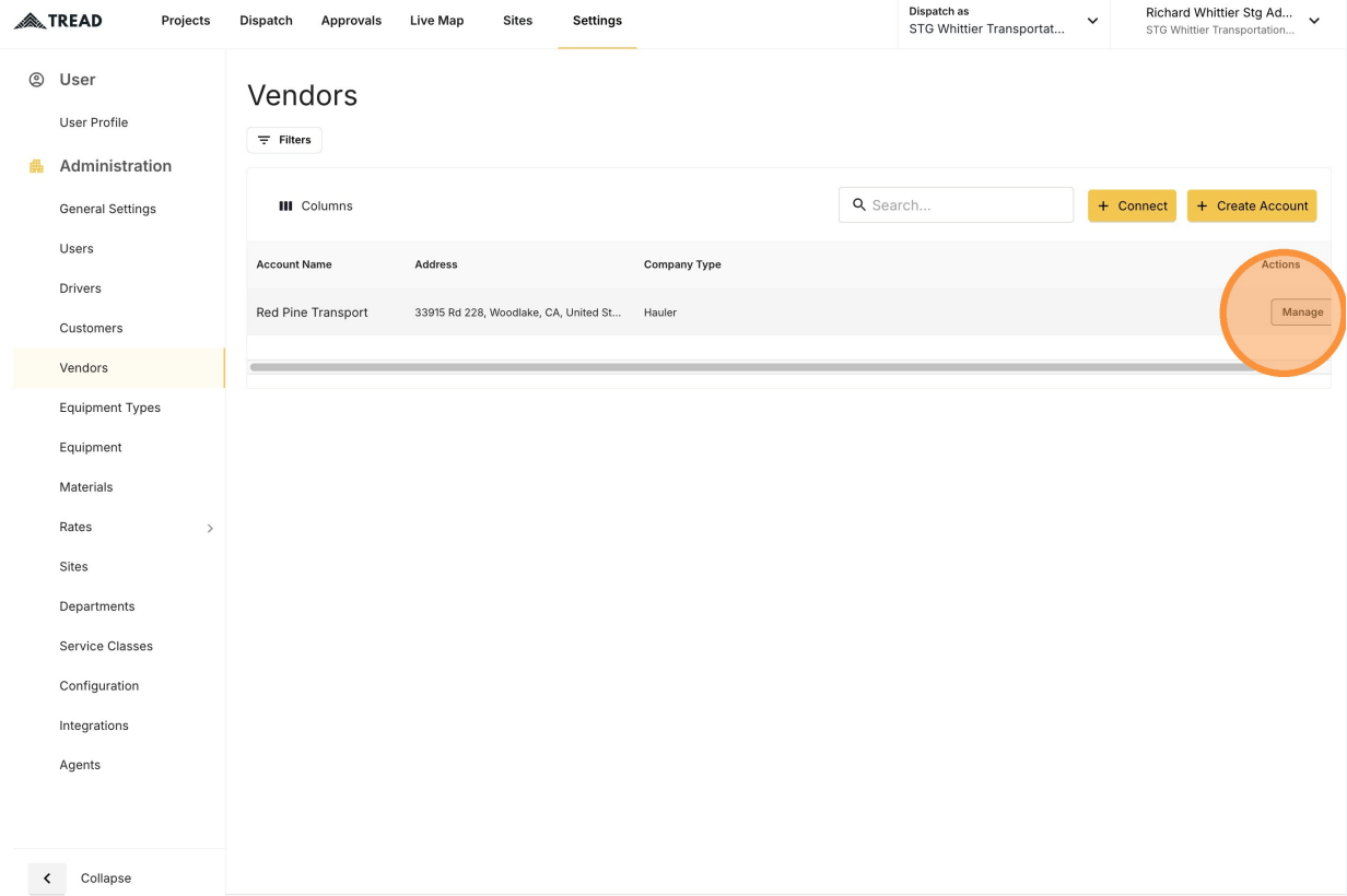 The MANAGE button on a vendor row