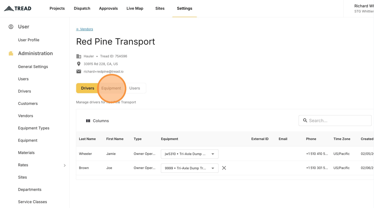 The Equipment tab on a vendor's management page