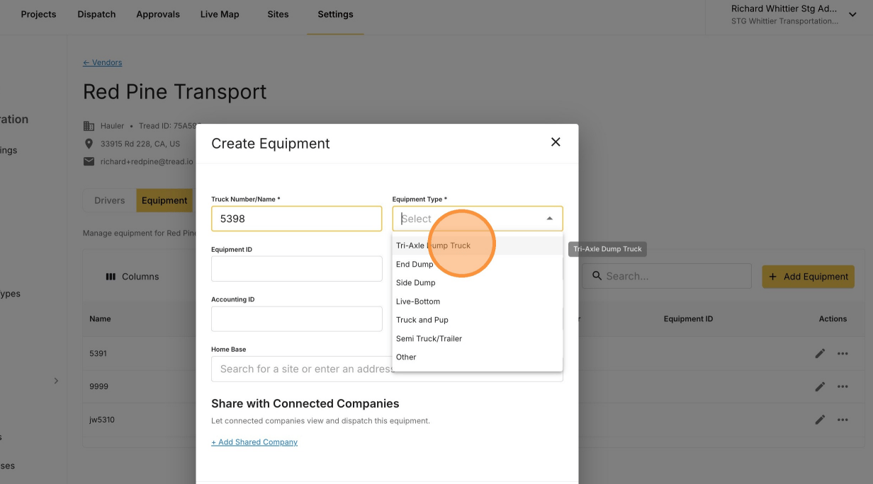 The new equipment form with truck number and equipment type fields