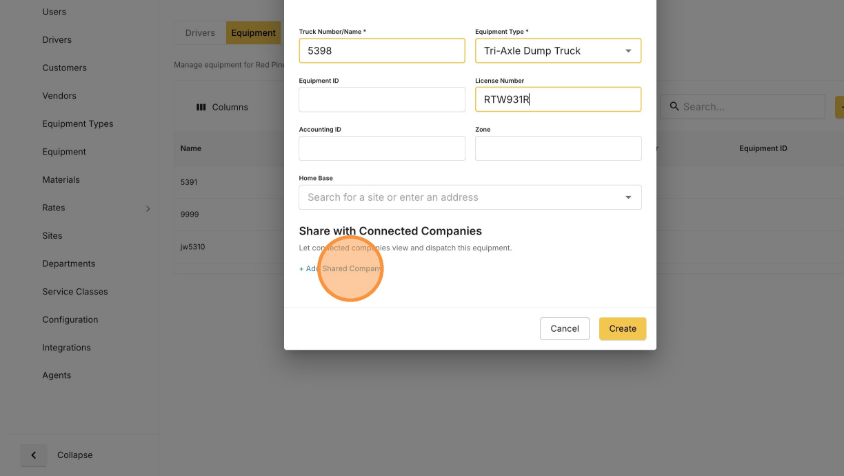 The Add Shared Company control on the equipment form
