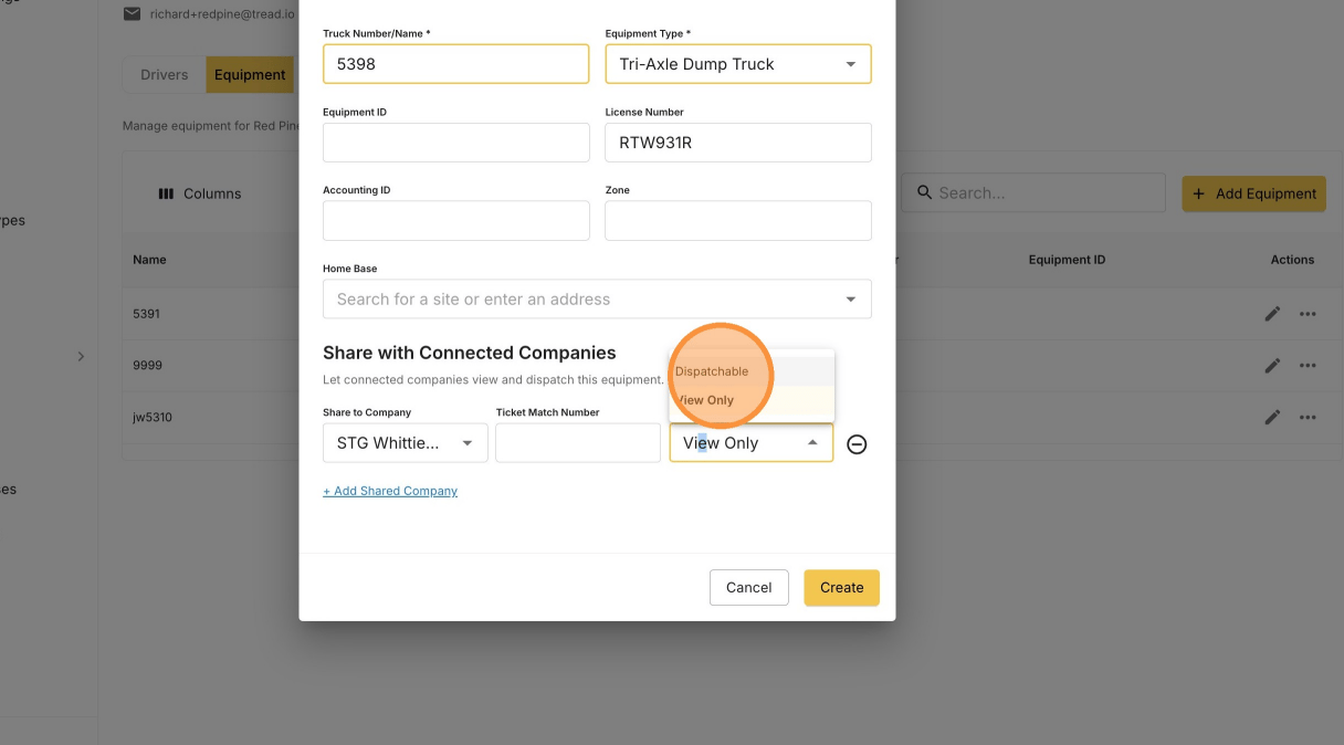 Setting the share access level to Dispatchable