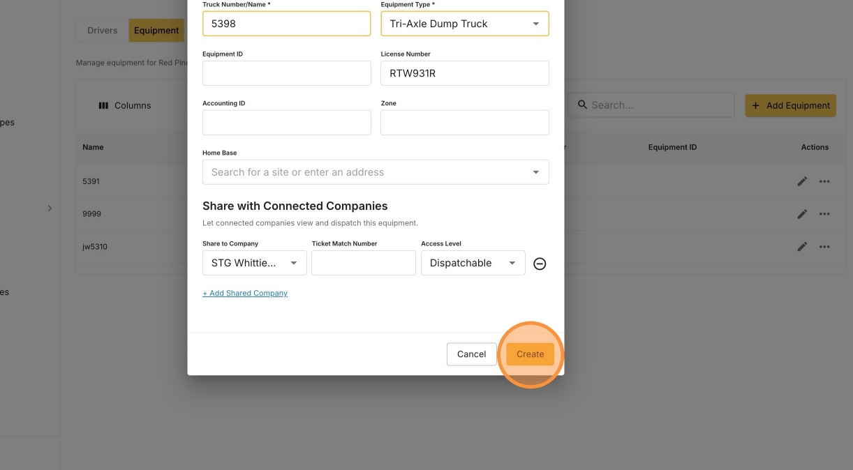 The Create button on the equipment form