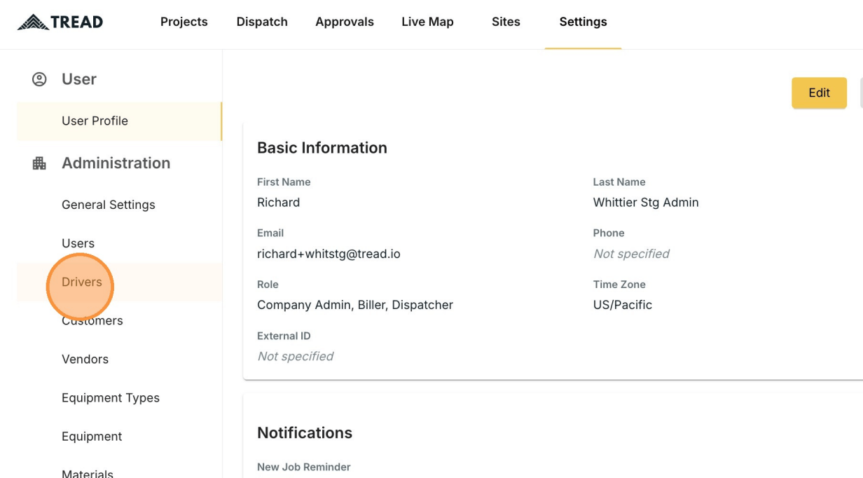 The Drivers list under Settings