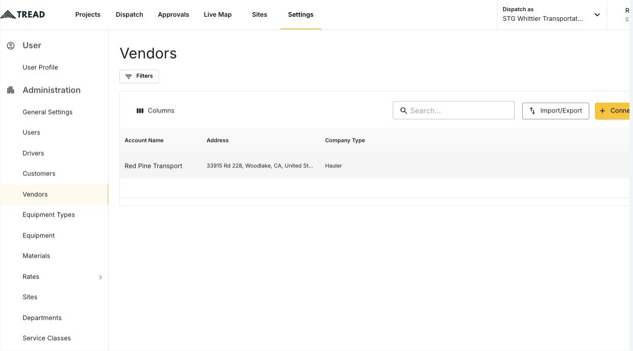 The Vendors page under Settings