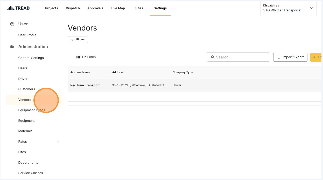 The Vendors page under Settings