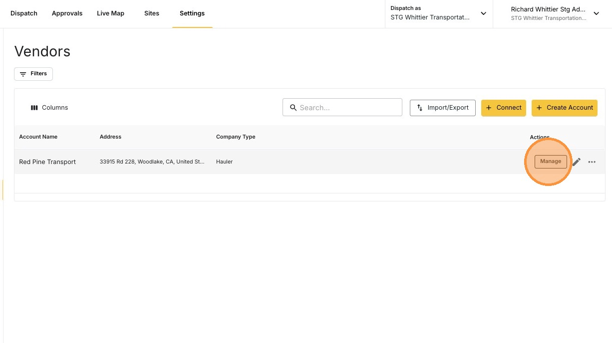The MANAGE button on a vendor row