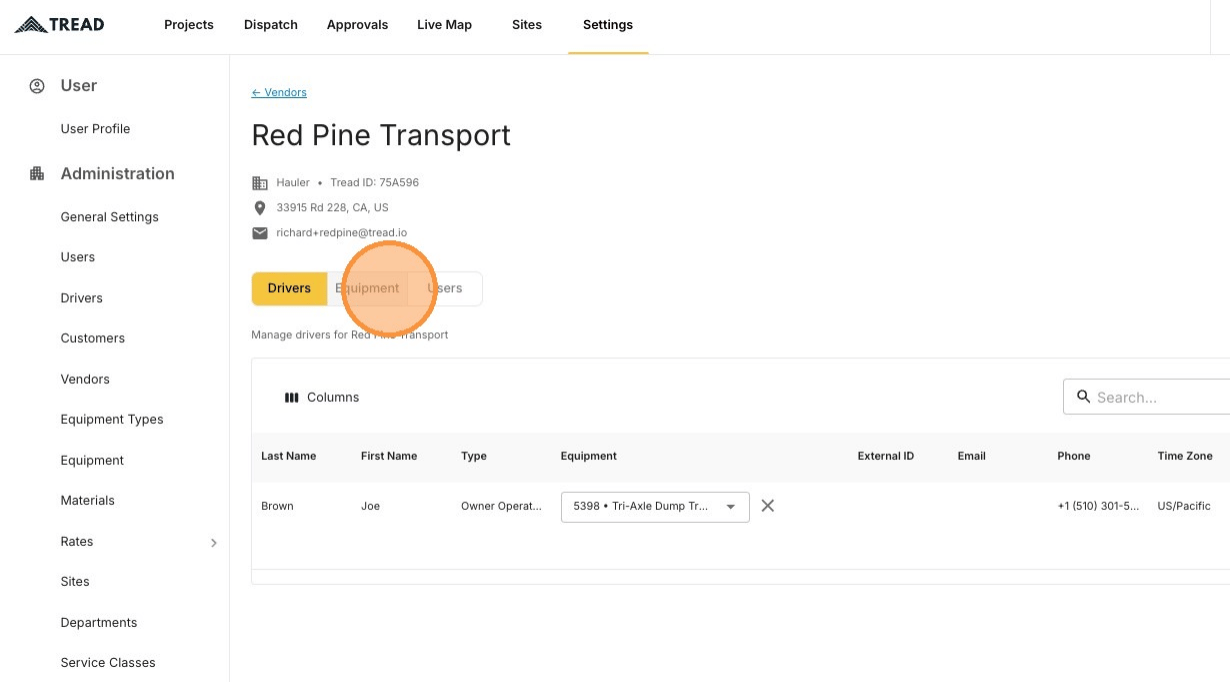 The Equipment tab on a vendor's management page