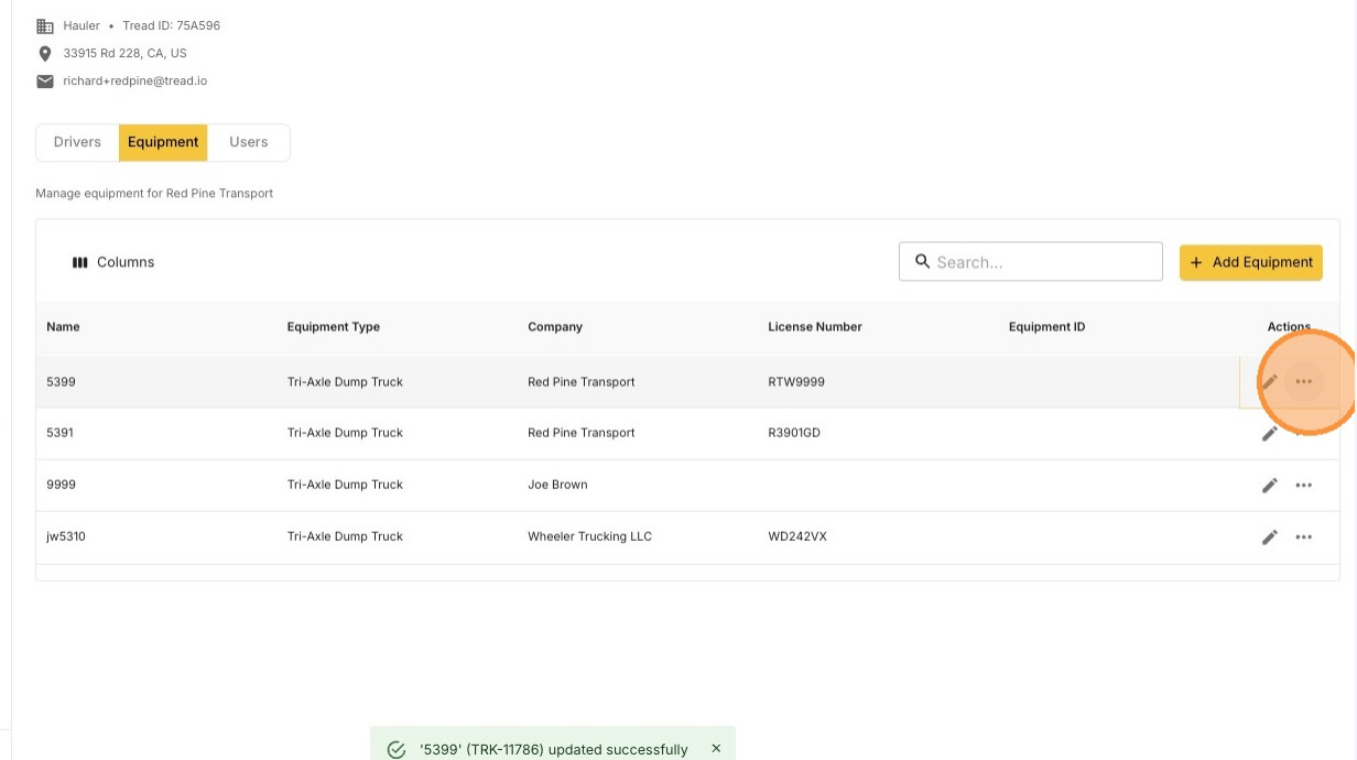 The three-dot actions menu on an equipment row