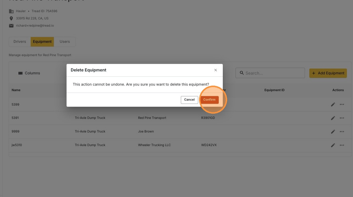 Confirming deletion of the equipment