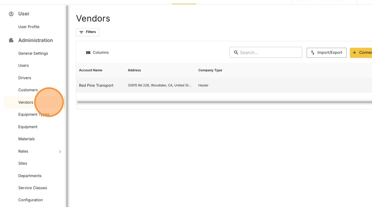 The Vendors page under Settings