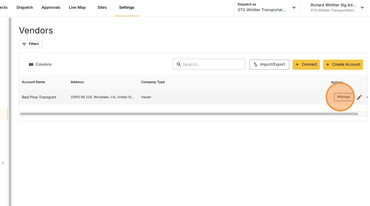 The MANAGE button on a vendor row