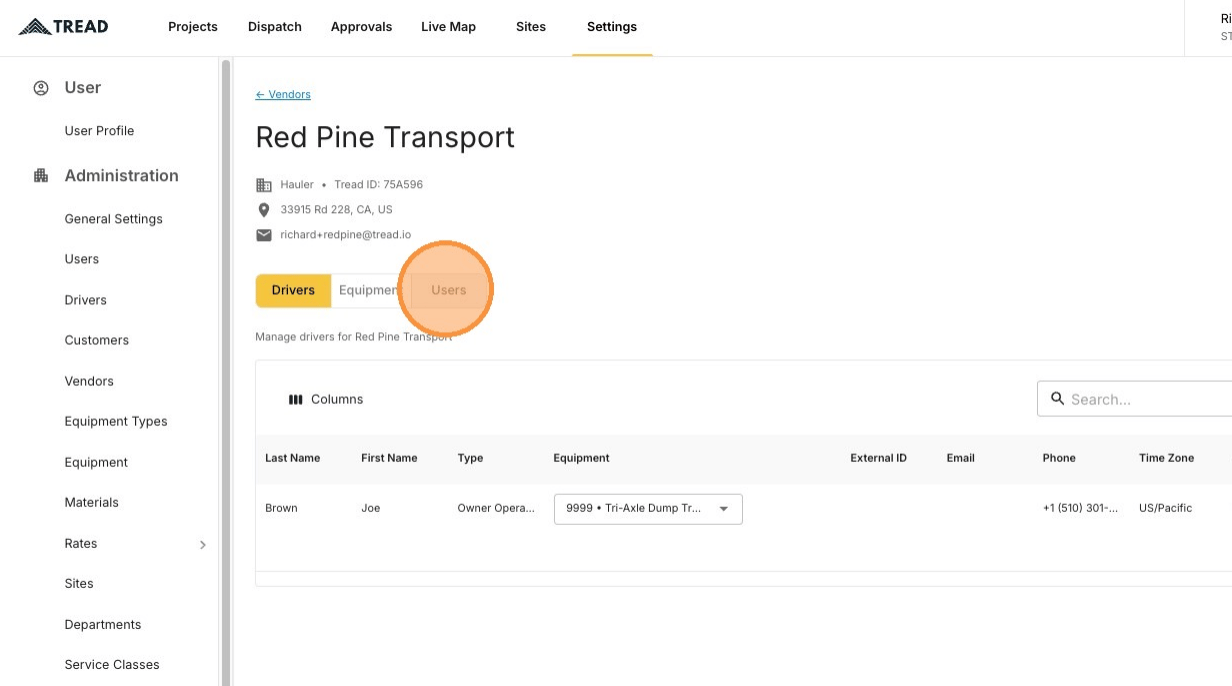 The Users tab on a vendor's management page