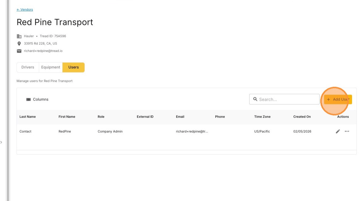 The Add User button on the vendor's Users tab