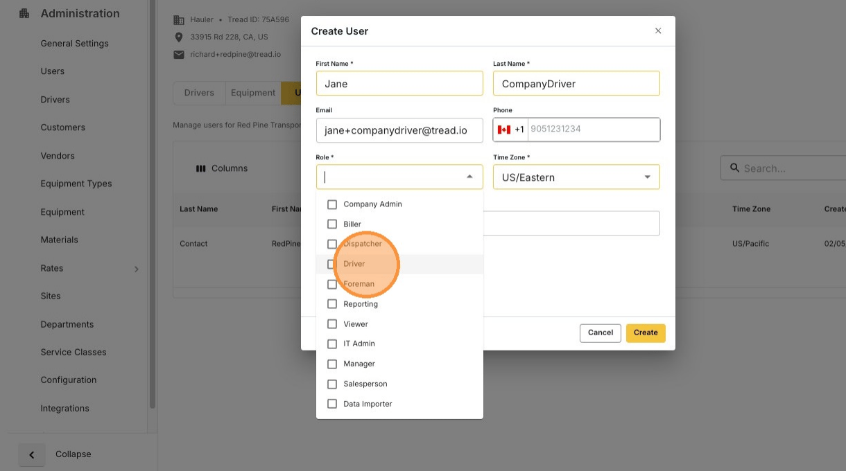 Selecting roles for the new user