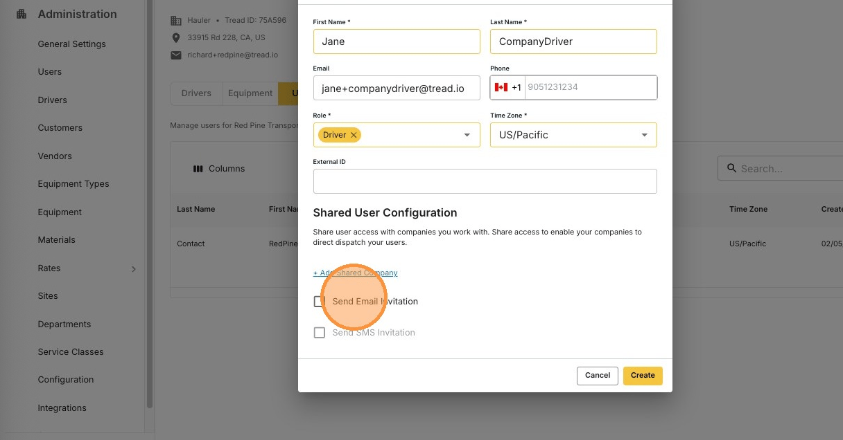 Sending an email or SMS invitation to the new user