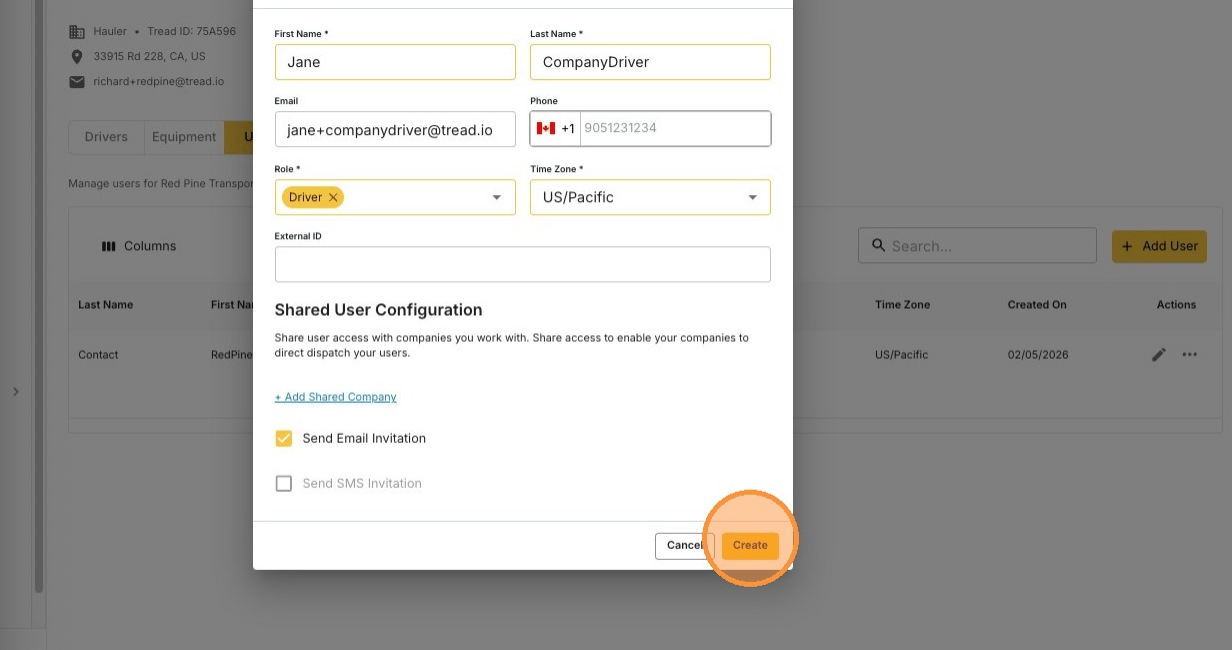The Create button on the new user form