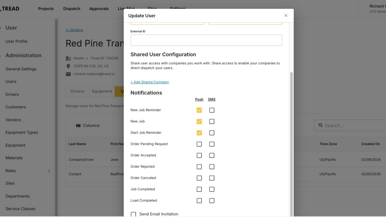 Editing a vendor user's information