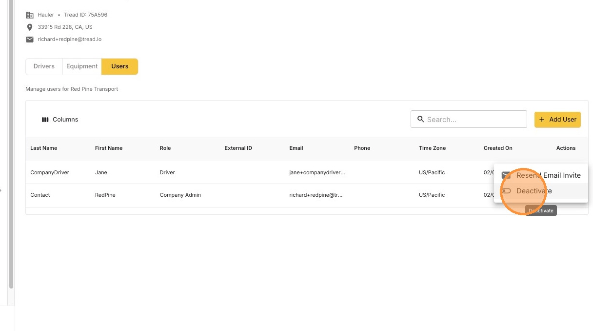 The Deactivate action in the user row menu