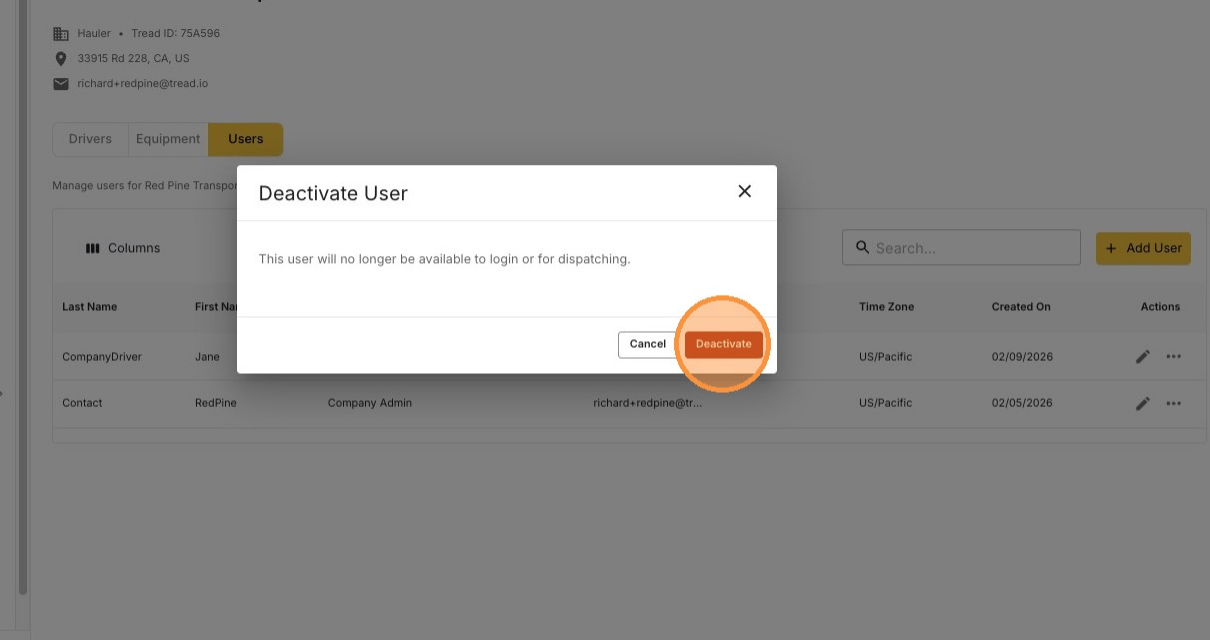 Confirming deactivation of the user