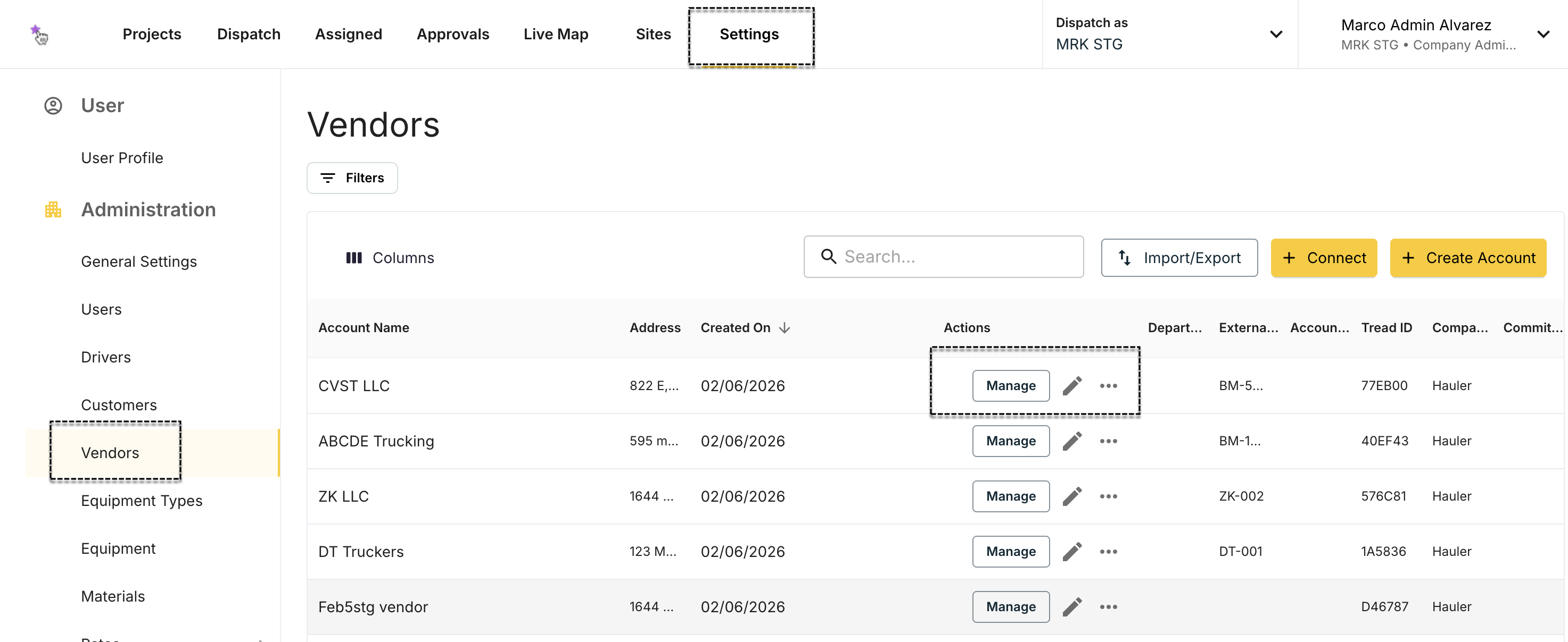 The Vendors list in Settings with the MANAGE button on a vendor row