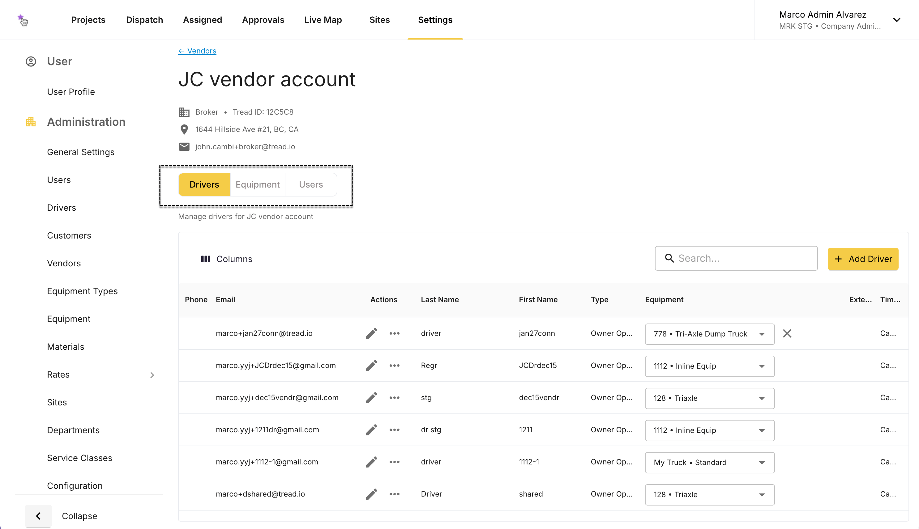 A vendor's management page showing the Drivers, Equipment, and Users tabs