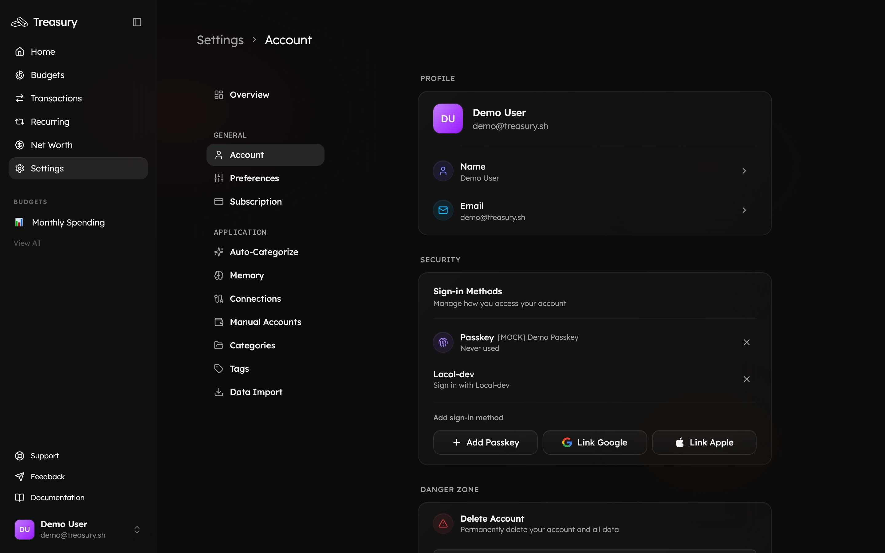The Account settings page showing the profile section with name and email