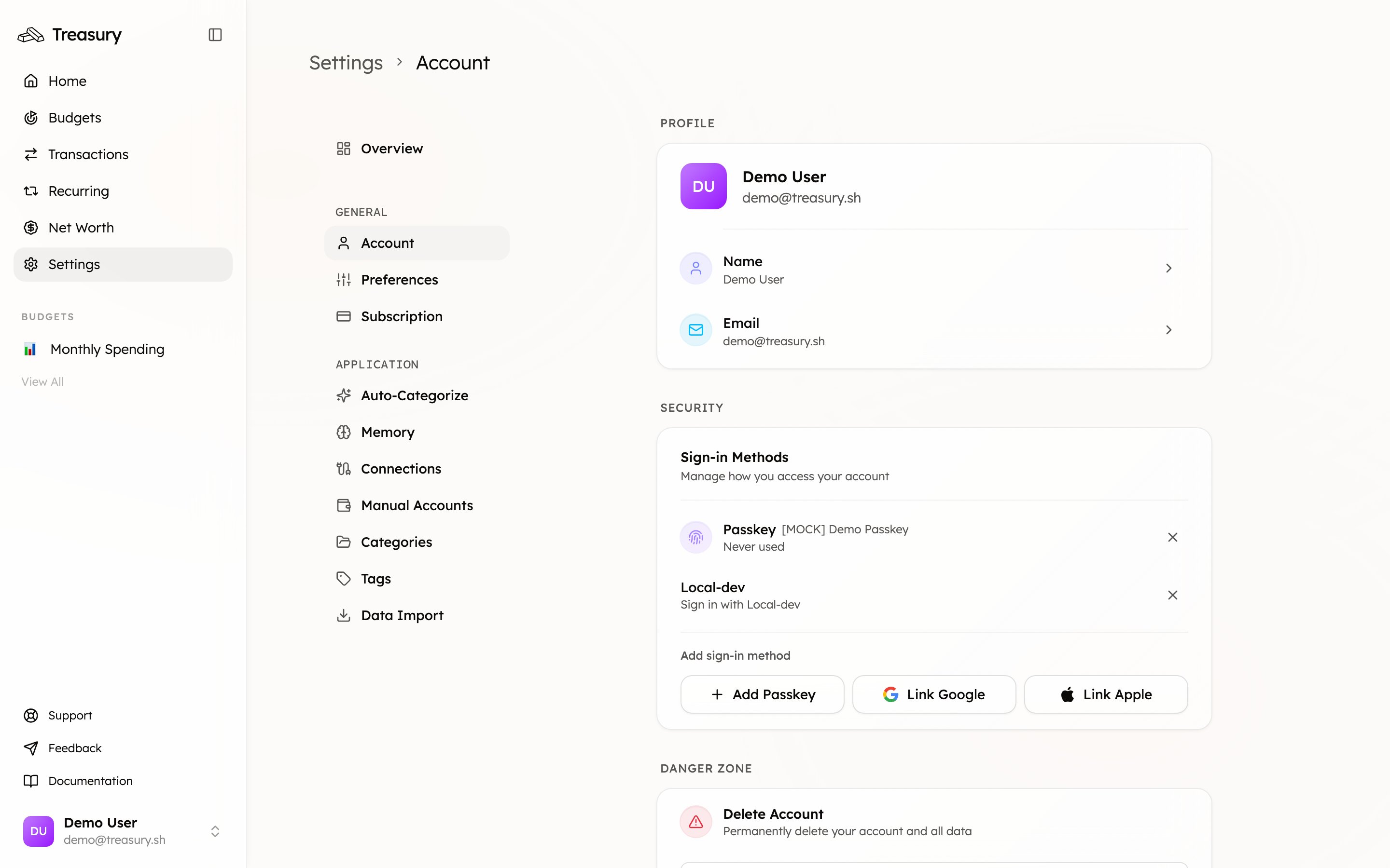 The Account settings page with the Danger Zone delete account option at the bottom