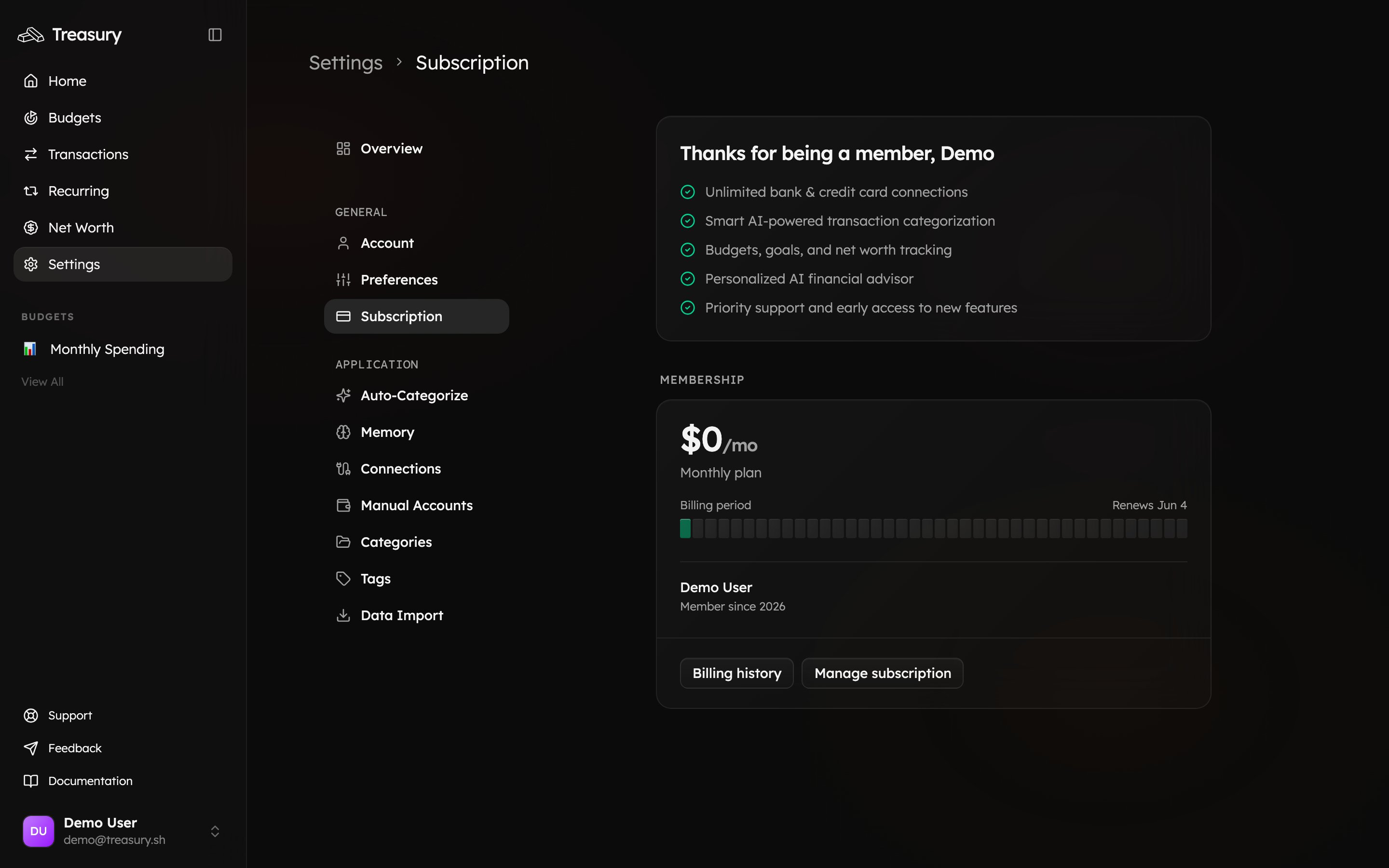 The Subscription settings page showing plan, membership, and manage subscription options