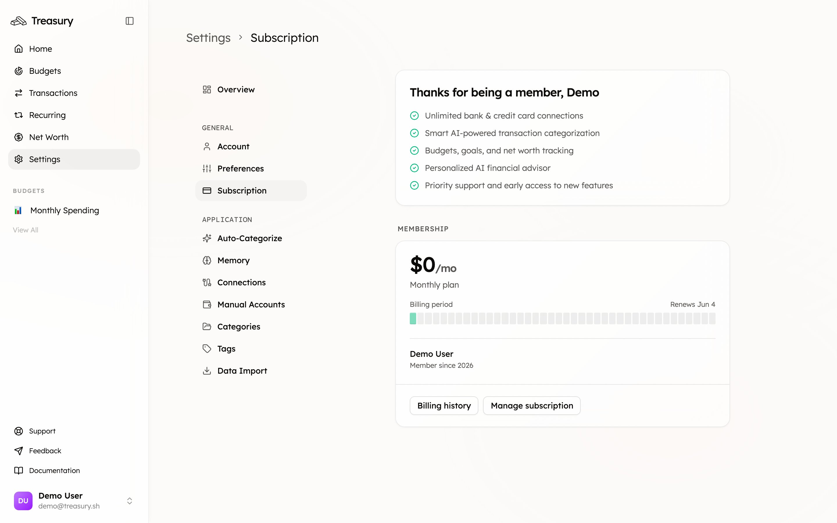 The Subscription settings page showing plan, membership, and manage subscription options