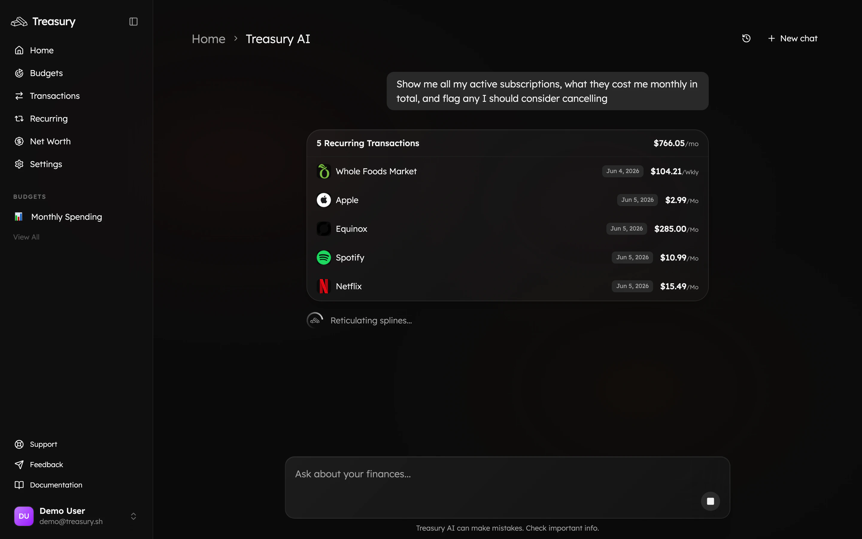 Treasury AI answering a question with an interactive recurring-transactions card
