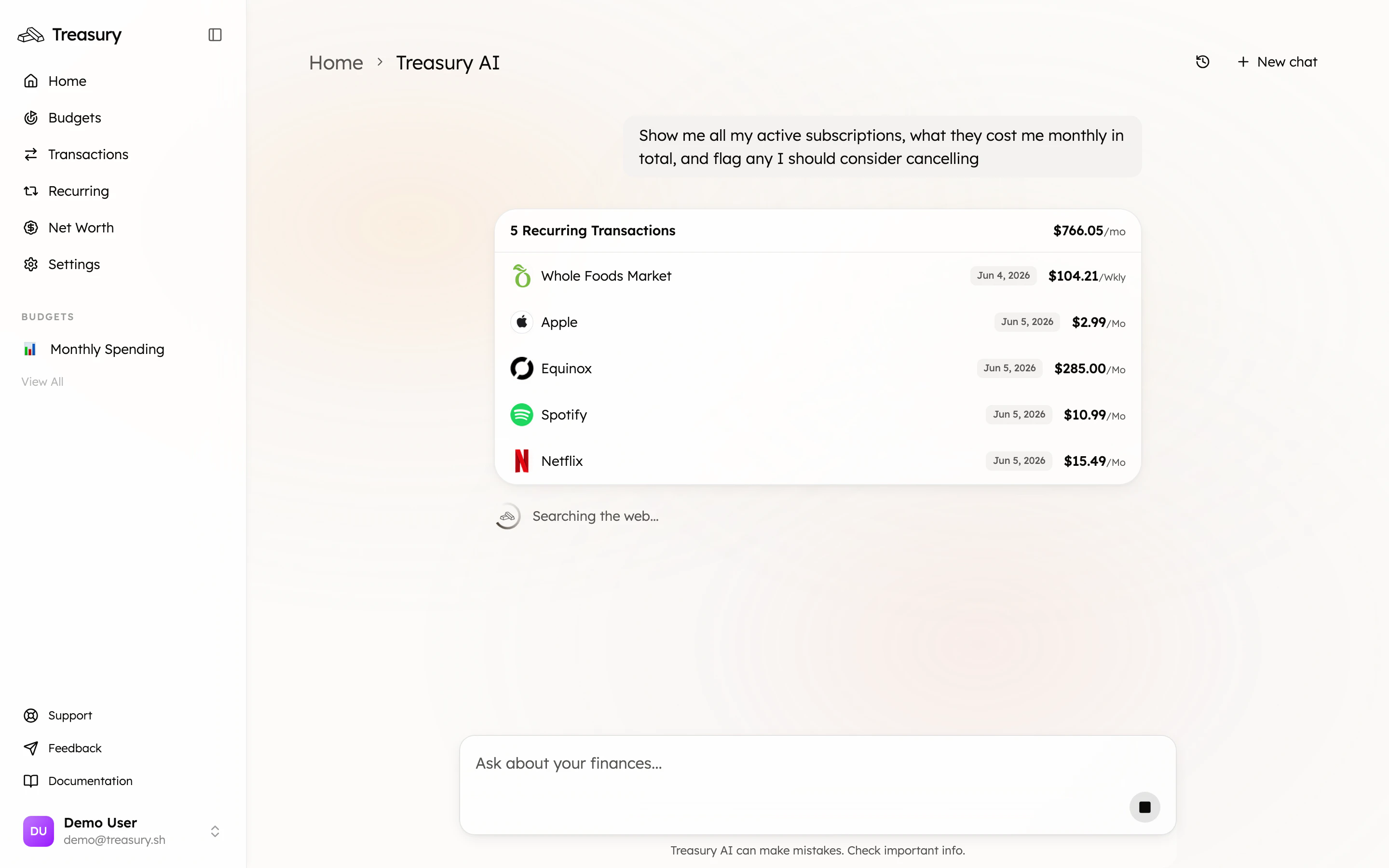 Treasury AI answering a question with an interactive recurring-transactions card