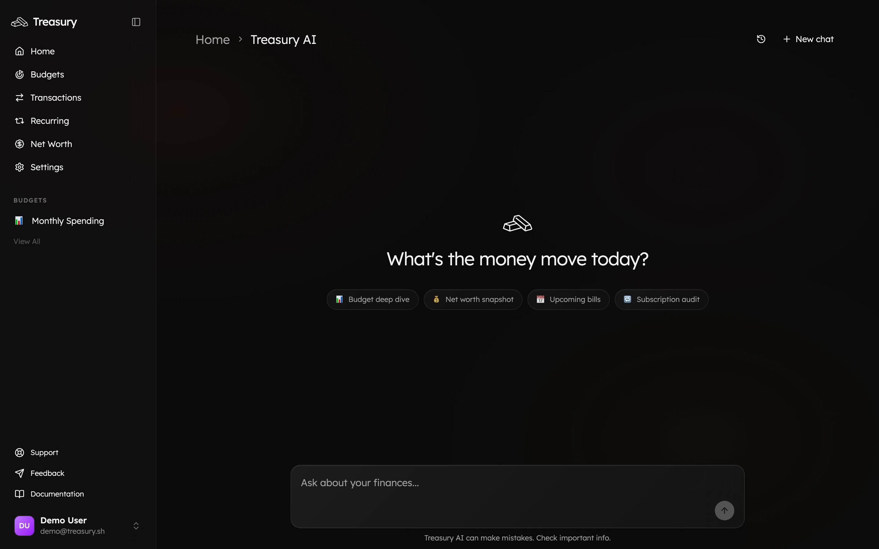 The Treasury AI start screen with suggested prompts and an ask box