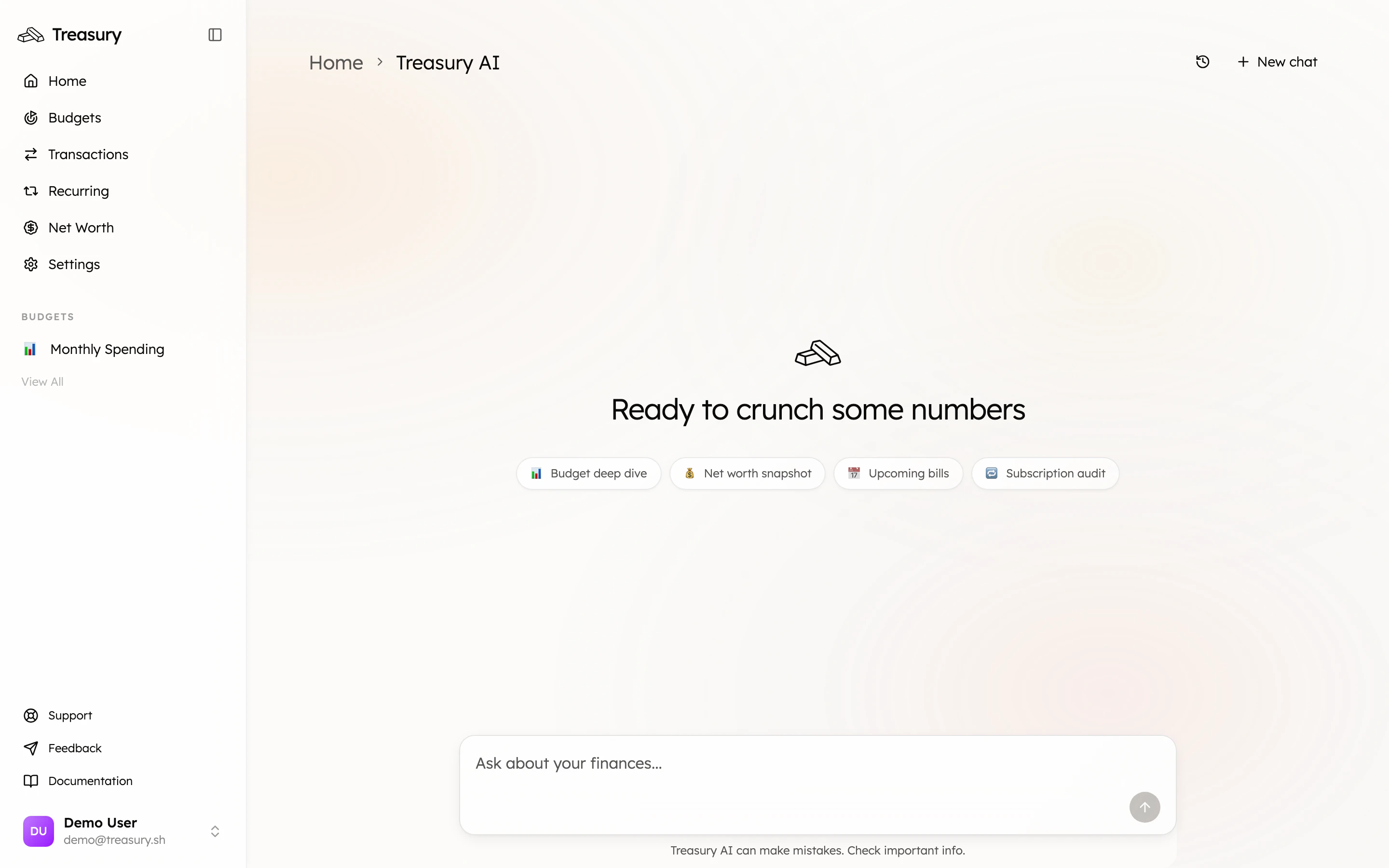 The Treasury AI start screen with suggested prompts and an ask box
