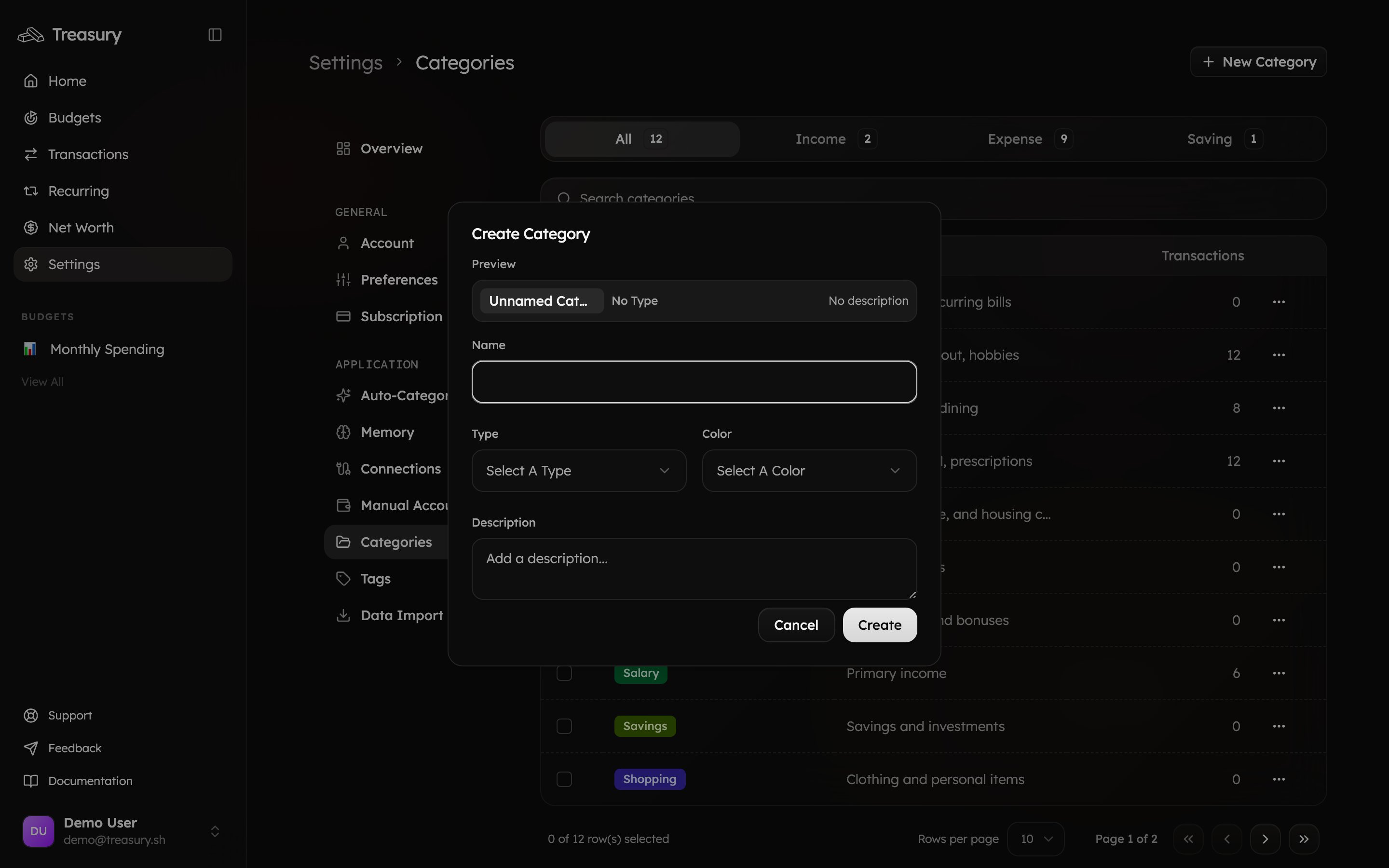 The New Category dialog with name, type, and color fields