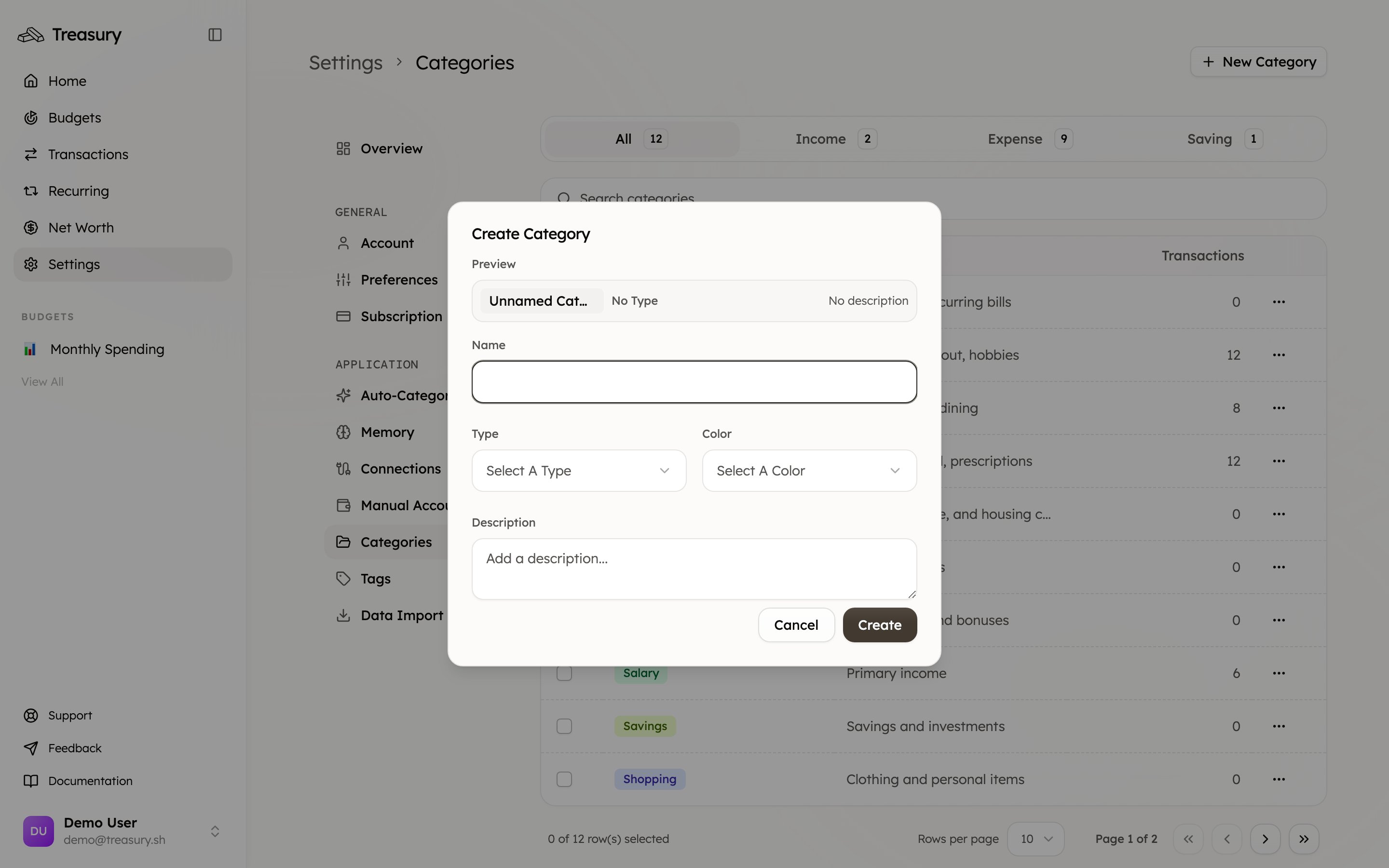 The New Category dialog with name, type, and color fields