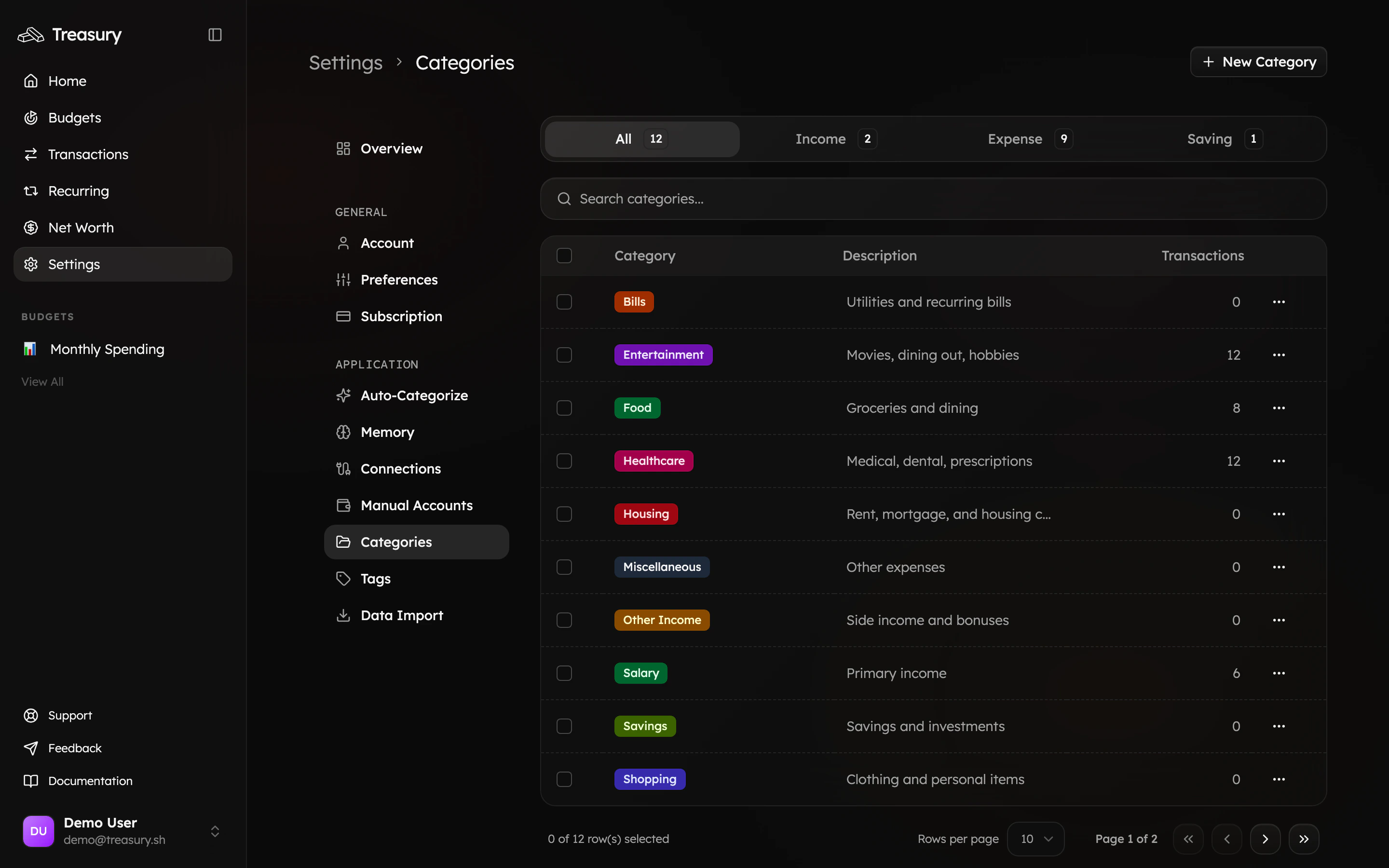 The Categories page listing income, expense, and saving categories