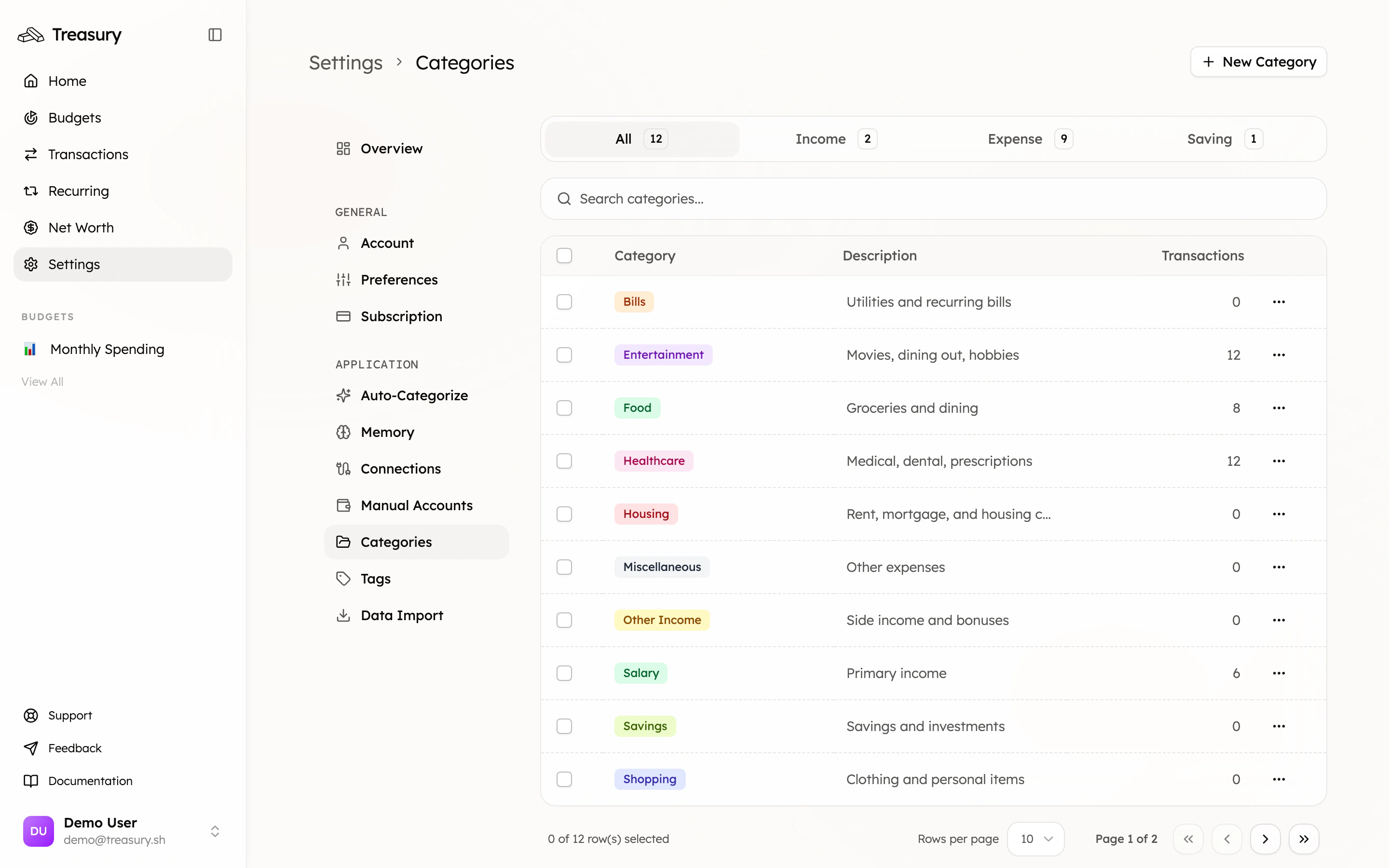 The Categories page listing income, expense, and saving categories
